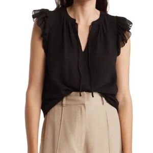 T Tahari Tie-Neck Flutter Ruffle-Sleeve Blouse XL Black BRAND NEW